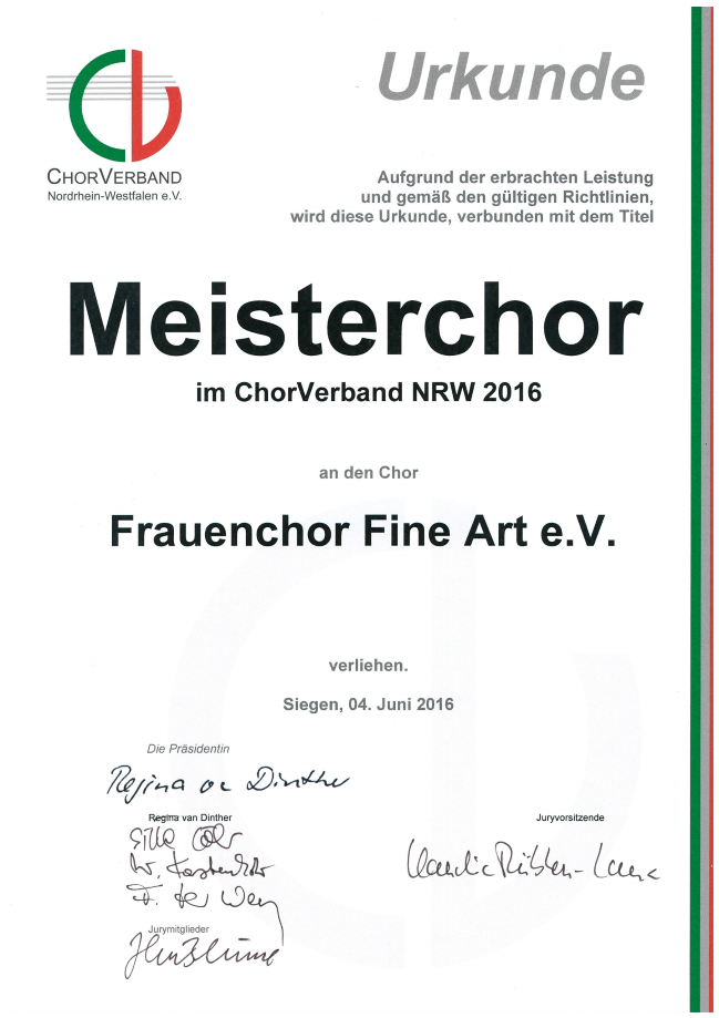 Urkunde Meisterchor - 2016